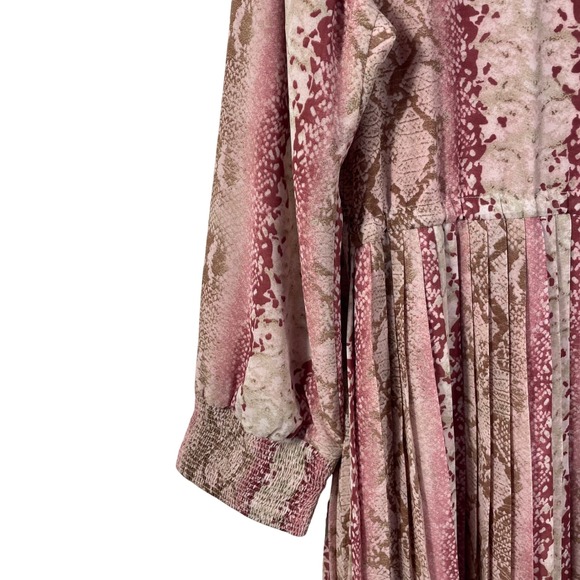 Porter XL Midi Dress Pink Snake Print Long Sleeve Pleated Skirt Boho Cottagecore - Picture 4 of 12